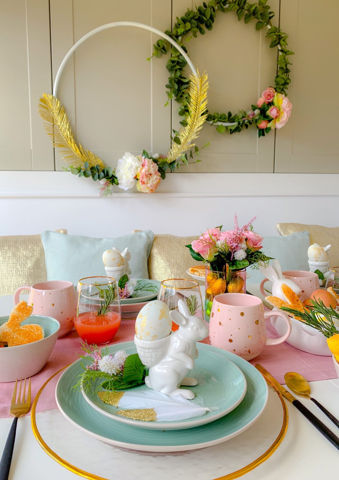 Easter breakfast table pastels bunny
