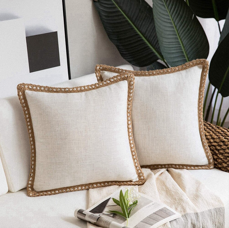BURLAP TRIM BEIGE LINEN CUSHION COVER • OH SO KEL